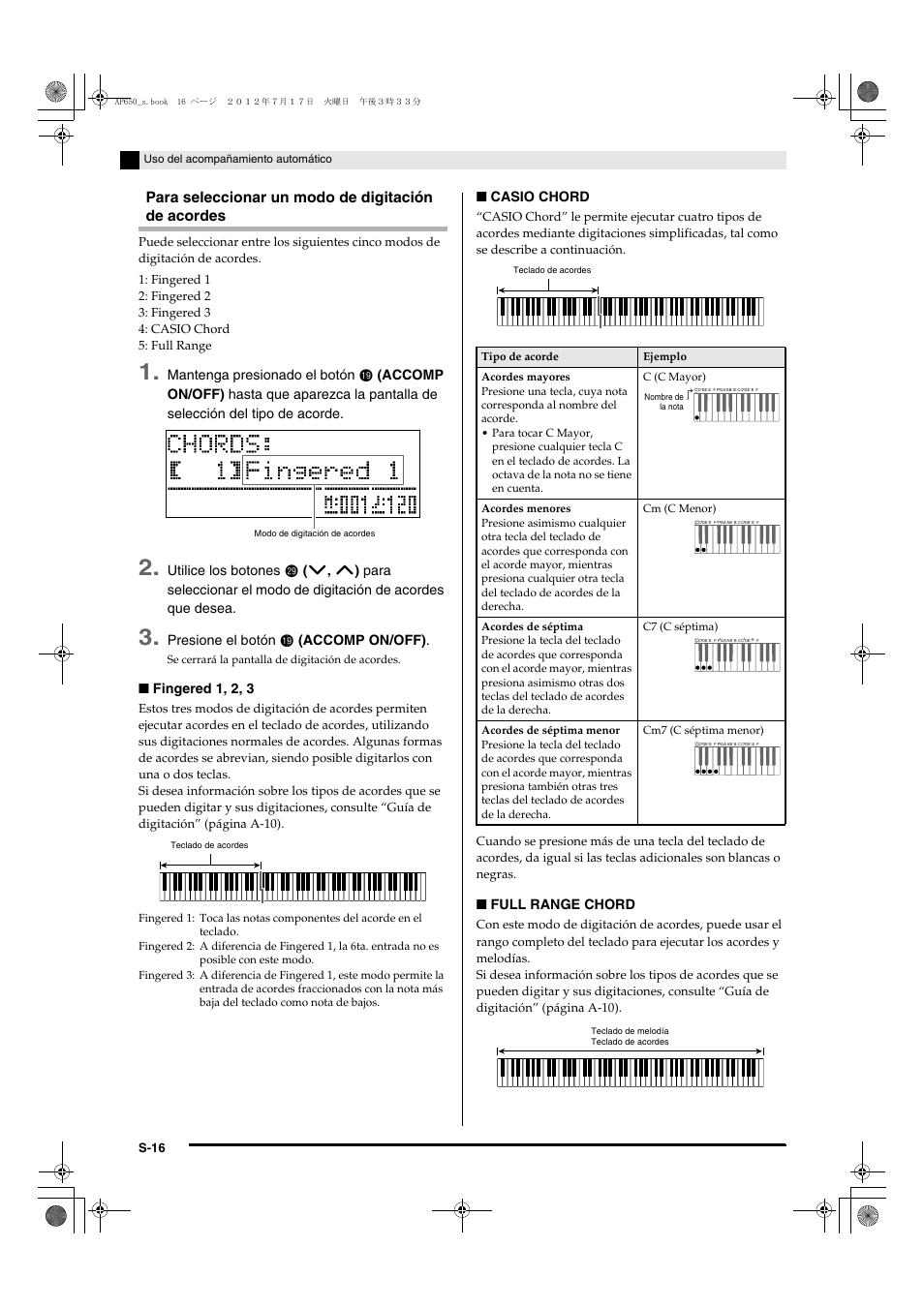Para seleccionar un modo de digitación de acordes, Mantenga presionado el botón, Utilice los botones | Presione el botón, Accomp on/off), Fingered 1, 2, 3, Casio chord, Full range chord, S-16, Uso del acompañamiento automático | Casio AP-650M User Manual | Page 18 / 84