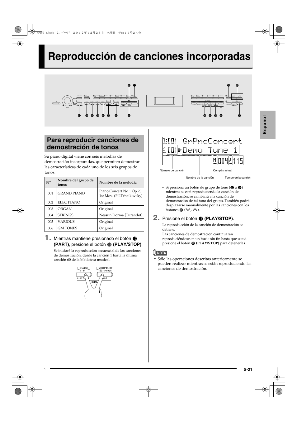 Reproducción de canciones incorporadas, Para reproducir canciones de demostración de tonos | Casio AP-650M User Manual | Page 23 / 84