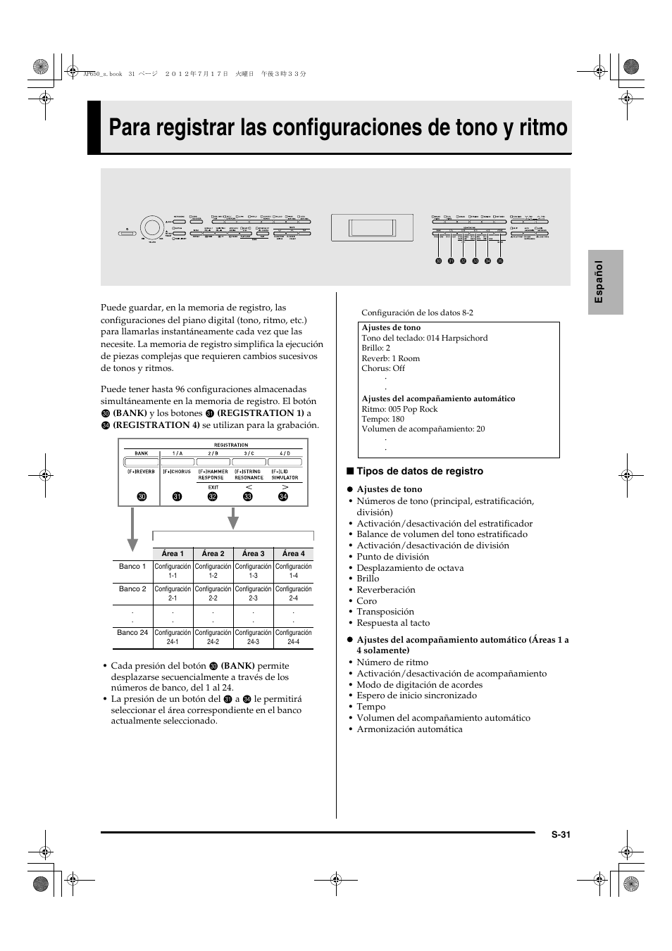 Para registrar las configuraciones de tono y ritmo, Dk dl dm dn do | Casio AP-650M User Manual | Page 33 / 84