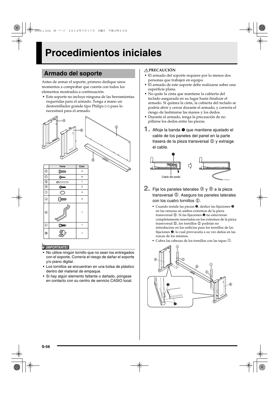 Procedimientos iniciales, Armado del soporte | Casio AP-650M User Manual | Page 58 / 84