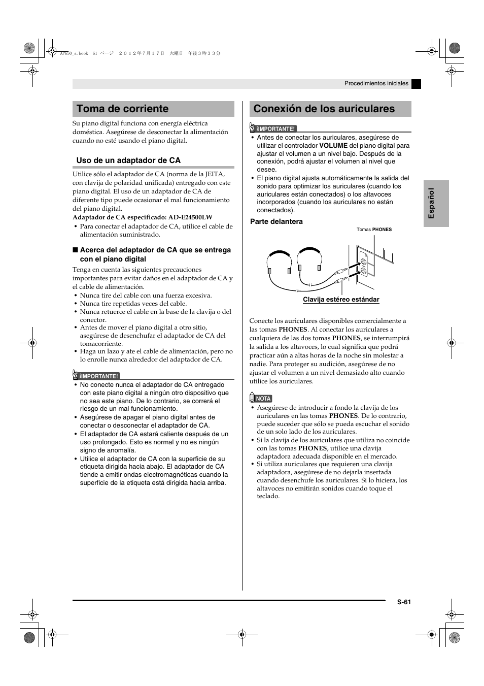 Toma de corriente conexión de los auriculares | Casio AP-650M User Manual | Page 63 / 84