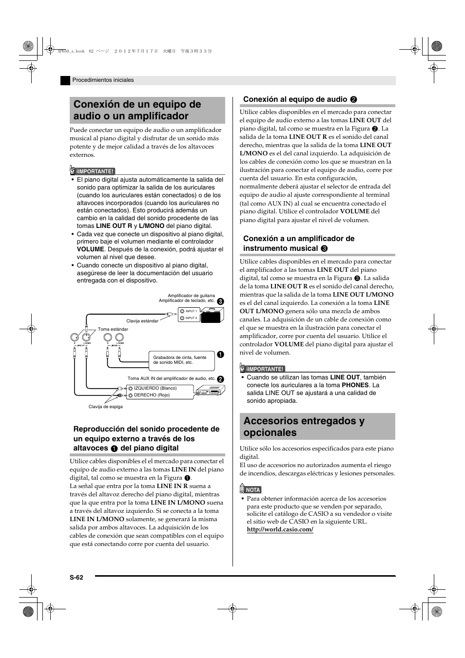 Conexión de un equipo de audio o un amplificador, Accesorios entregados y opcionales | Casio AP-650M User Manual | Page 64 / 84