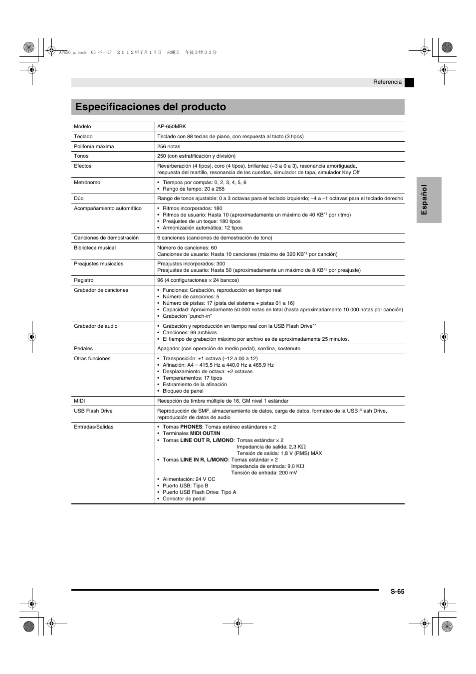 Especificaciones del producto, Español | Casio AP-650M User Manual | Page 67 / 84