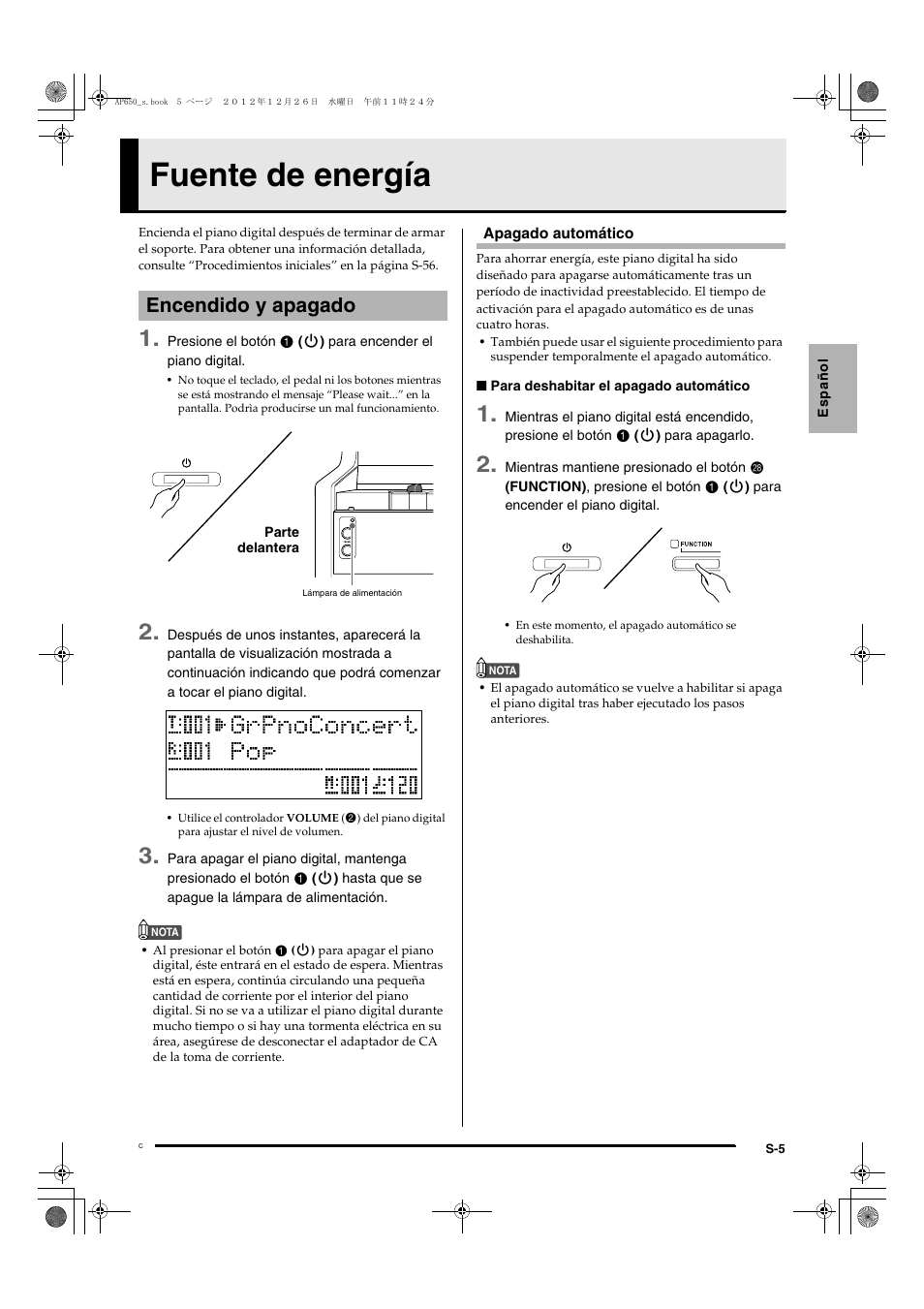 Fuente de energía, Encendido y apagado | Casio AP-650M User Manual | Page 7 / 84