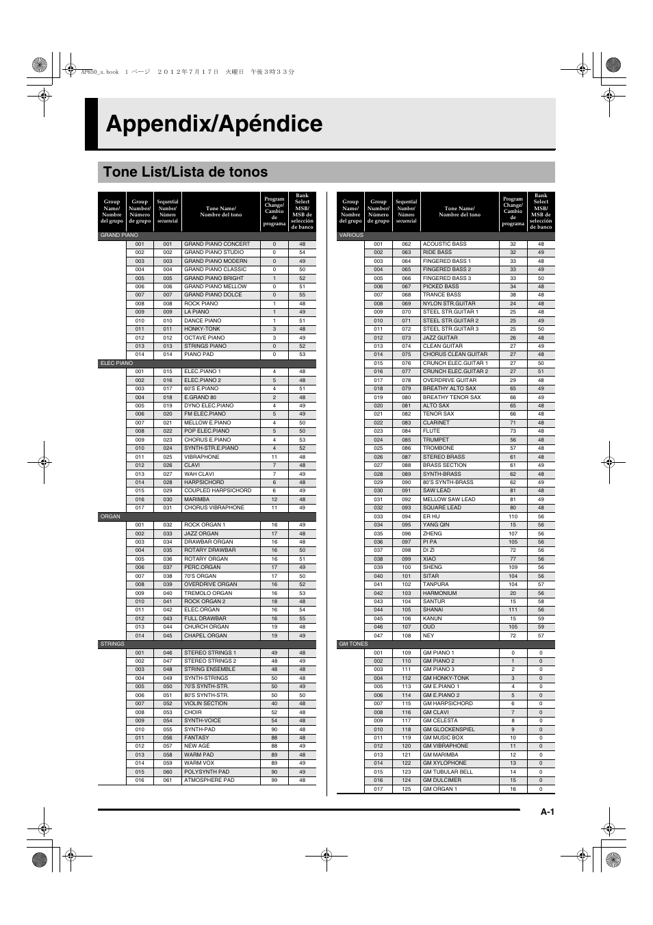 Appendix/apéndice, Tone list/lista de tonos | Casio AP-650M User Manual | Page 71 / 84