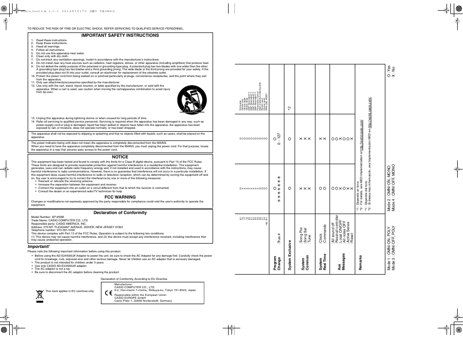 Important, Important safety instructions, Notice | Fcc warning, Declaration of conformity | Casio AP-650M User Manual | Page 83 / 84
