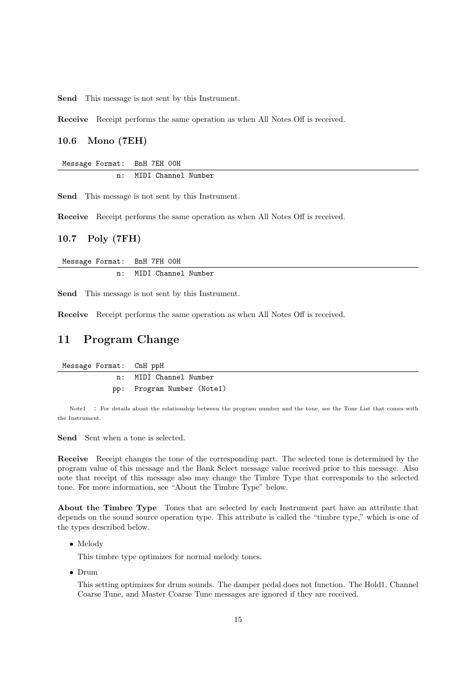 11 program change, 6 mono (7eh), 7 poly (7fh) | Casio CDP-220R User Manual | Page 15 / 43