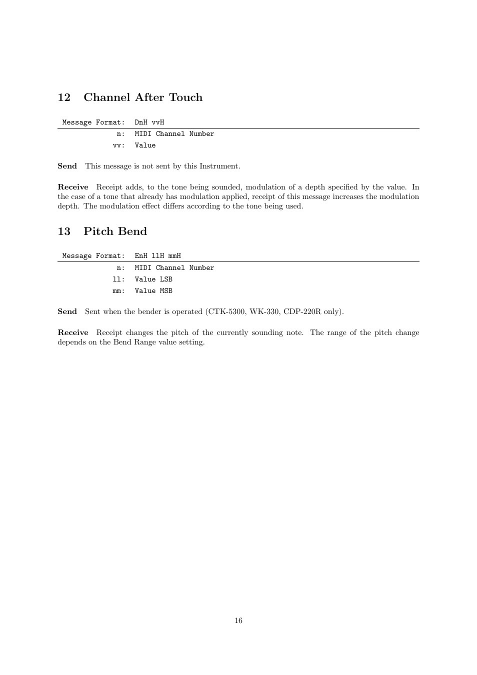 12 channel after touch, 13 pitch bend | Casio CDP-220R User Manual | Page 16 / 43