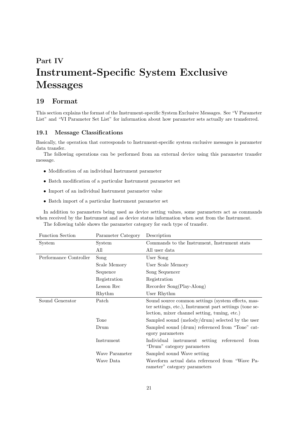 Instrument-speciﬁc system exclusive messages, Part iv, 19 format | Casio CDP-220R User Manual | Page 21 / 43