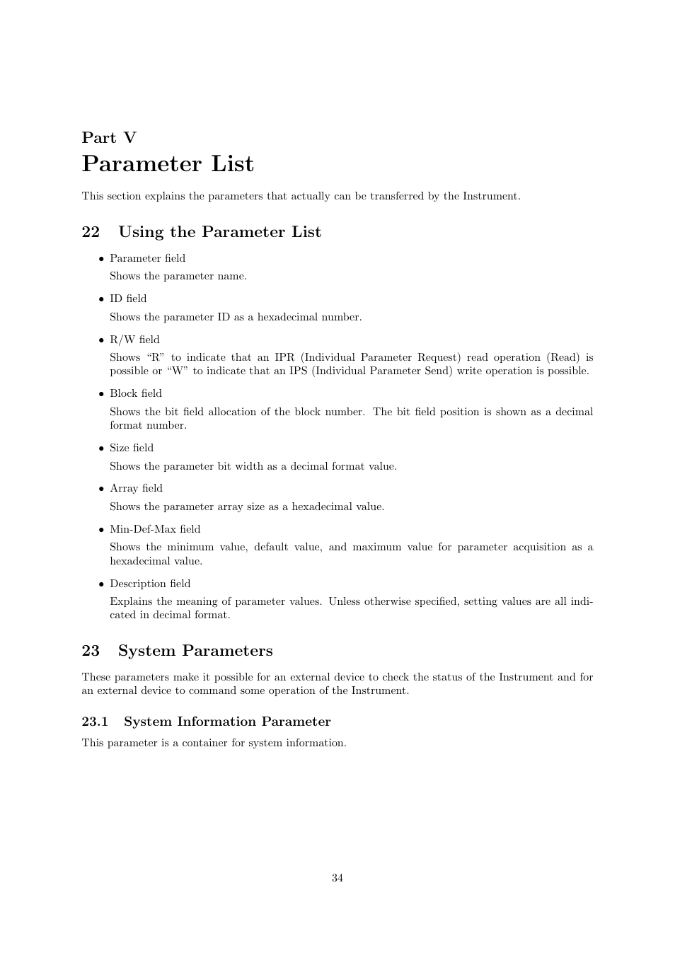 Parameter list, Part v, 22 using the parameter list | 23 system parameters | Casio CDP-220R User Manual | Page 34 / 43