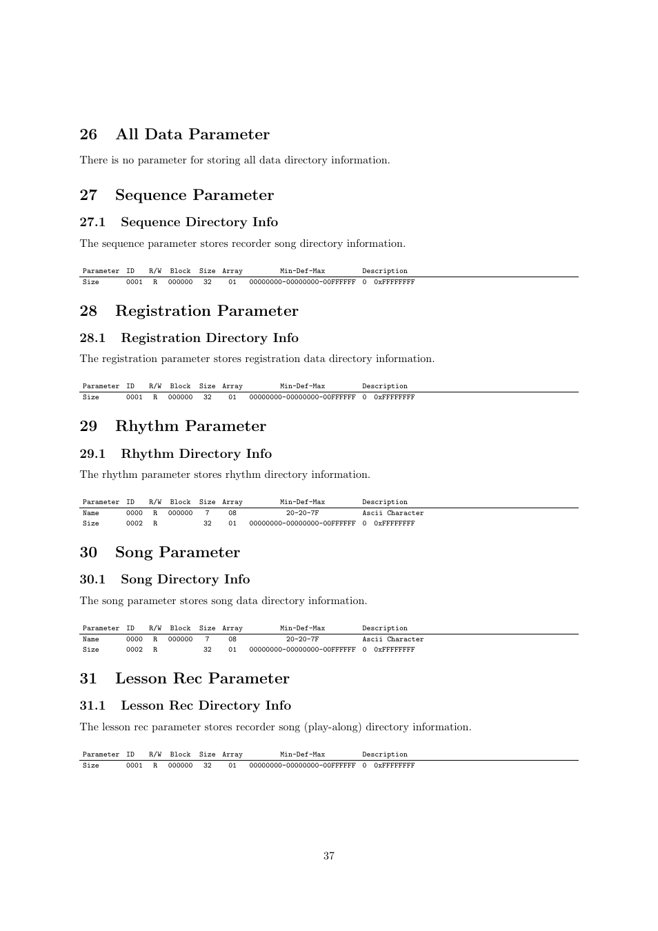 26 all data parameter, 27 sequence parameter, 28 registration parameter | 29 rhythm parameter, 30 song parameter, 31 lesson rec parameter, 1 sequence directory info, 1 registration directory info, 1 rhythm directory info, 1 song directory info | Casio CDP-220R User Manual | Page 37 / 43