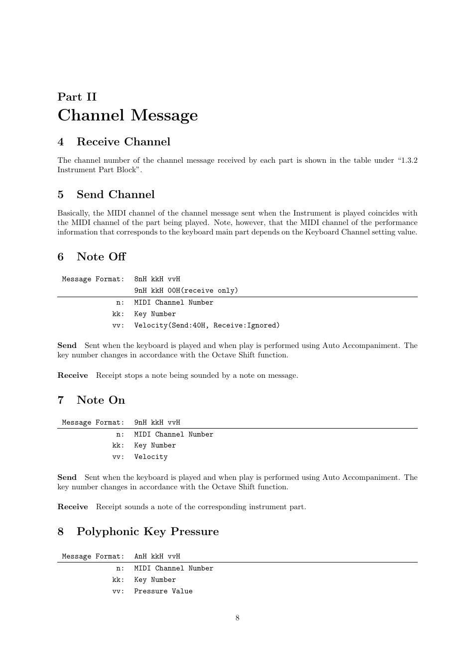 Channel message, Part ii, 4receive channel | 5send channel, 8polyphonic key pressure | Casio CDP-220R User Manual | Page 8 / 43