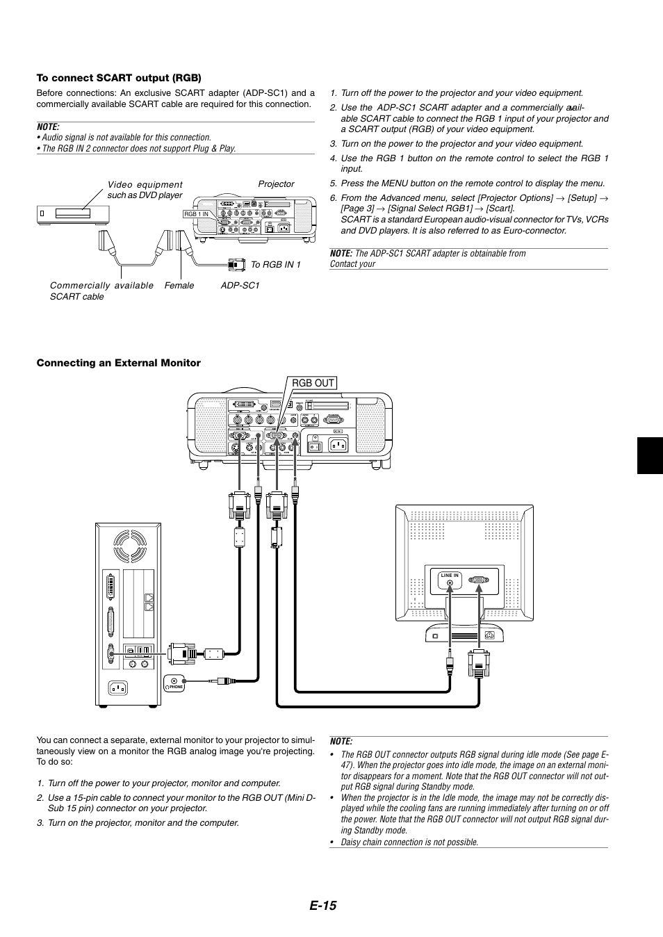 To connect scart output (rgb), Connecting an external monitor, E-15 | Dukane 8946 User Manual | Page 15 / 68