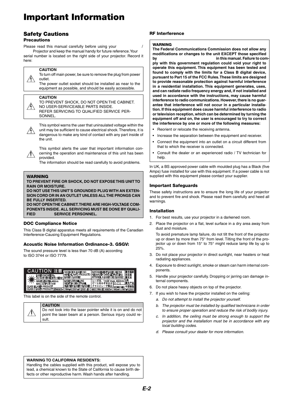 Important information, Safety cautions, E-2 safety cautions | Dukane 8946 User Manual | Page 2 / 68