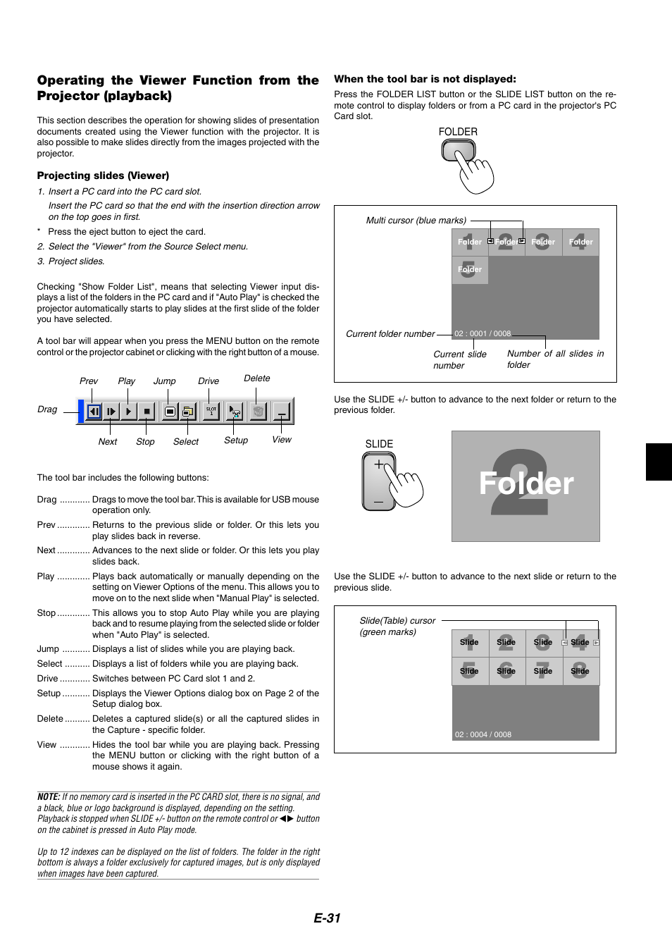 Operating the viewer function from the, Projecting slides (viewer), Folder | Dukane 8946 User Manual | Page 31 / 68