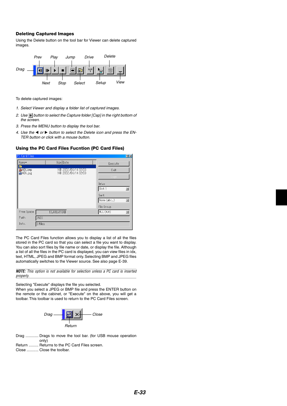 Deleting captured images, Using the pc card files fucntion (pc card files), E-33 | Dukane 8946 User Manual | Page 33 / 68