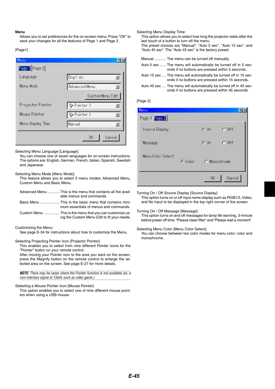 Menu, Selecting menu language, Selecting menu mode | Customizing the menu, Selecting projecting pointer icon, Selecting a mouse pointer icon, Selecting menu display time, Turning on / off source display, Turning on / off message, Selecting menu color | Dukane 8946 User Manual | Page 45 / 68