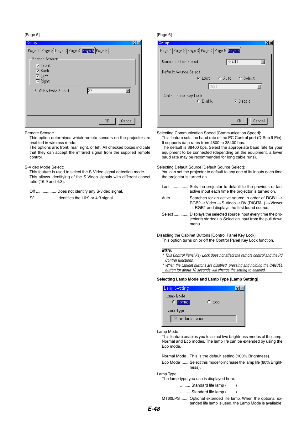 Remote sensor, S-video mode select, Selecting communication speed | Selecting default source, Disabling the cabinet buttons, Selecting lamp mode and lamp type, E-48 | Dukane 8946 User Manual | Page 48 / 68