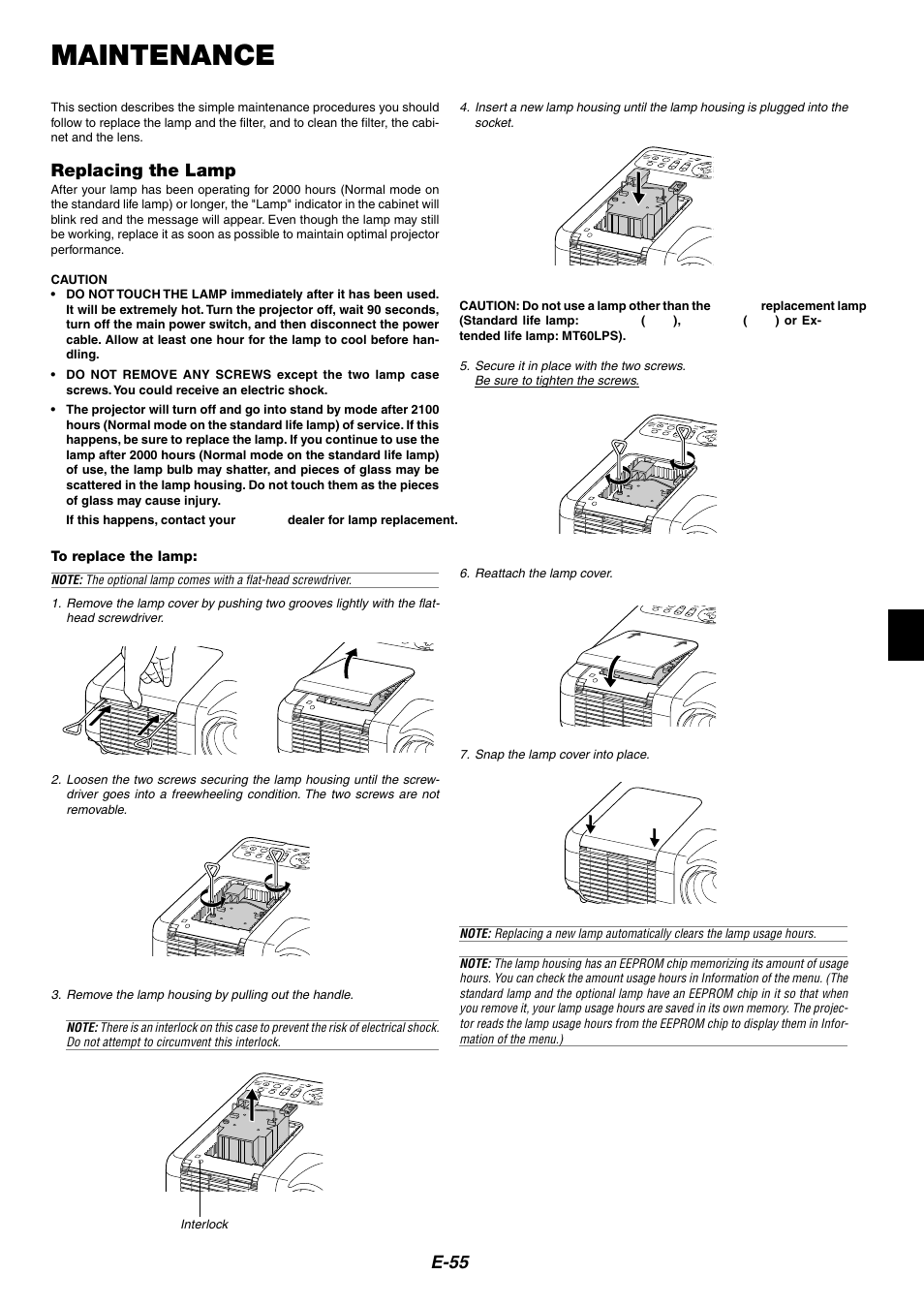 Maintenance, Replacing the lamp, E-55 | Dukane 8946 User Manual | Page 55 / 68