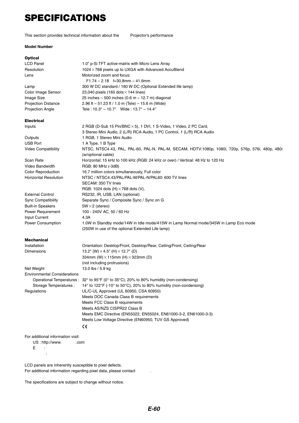 Specifications, E-60 | Dukane 8946 User Manual | Page 60 / 68