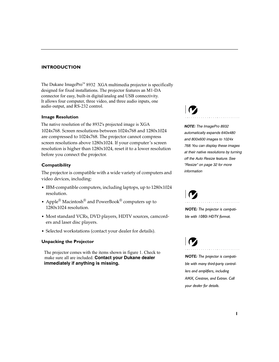 Heading1 - introduction, Heading2 - image resolution, Heading2 - compatibility | Heading2 - unpacking the projector, Introduction 1 image resolution, Compatibility 1 unpacking the projector | Dukane 28A8932 User Manual | Page 11 / 78