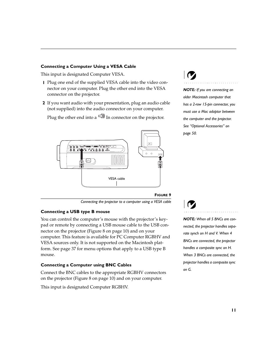 Heading2 - connecting a usb type b mouse, Heading2 - connecting a computer using bnc cables, Connecting a computer using a vesa cable | Connecting a usb type b mouse, Connecting a computer using bnc cables | Dukane 28A8932 User Manual | Page 21 / 78