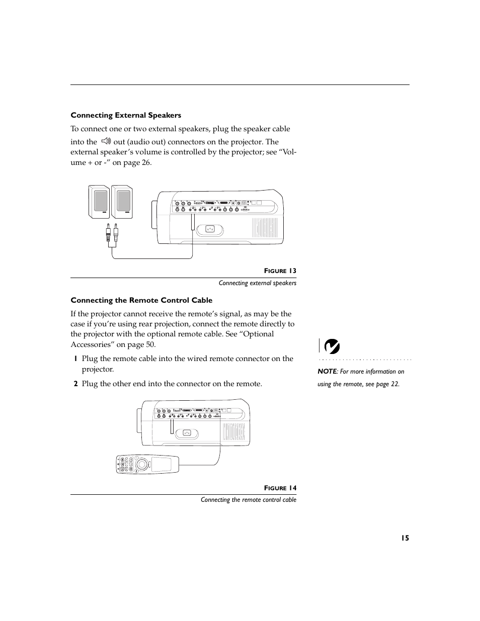 Heading2 - connecting external speakers, Heading2 - connecting the remote control cable, Connecting external speakers | Connecting the remote control cable, 13 connecting external speakers, 14 connecting the remote control cable, A0 a 0 | Dukane 28A8932 User Manual | Page 25 / 78