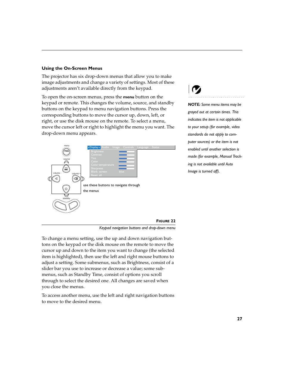 Heading2 - using the on-screen menus, Using the on-screen menus | Dukane 28A8932 User Manual | Page 37 / 78