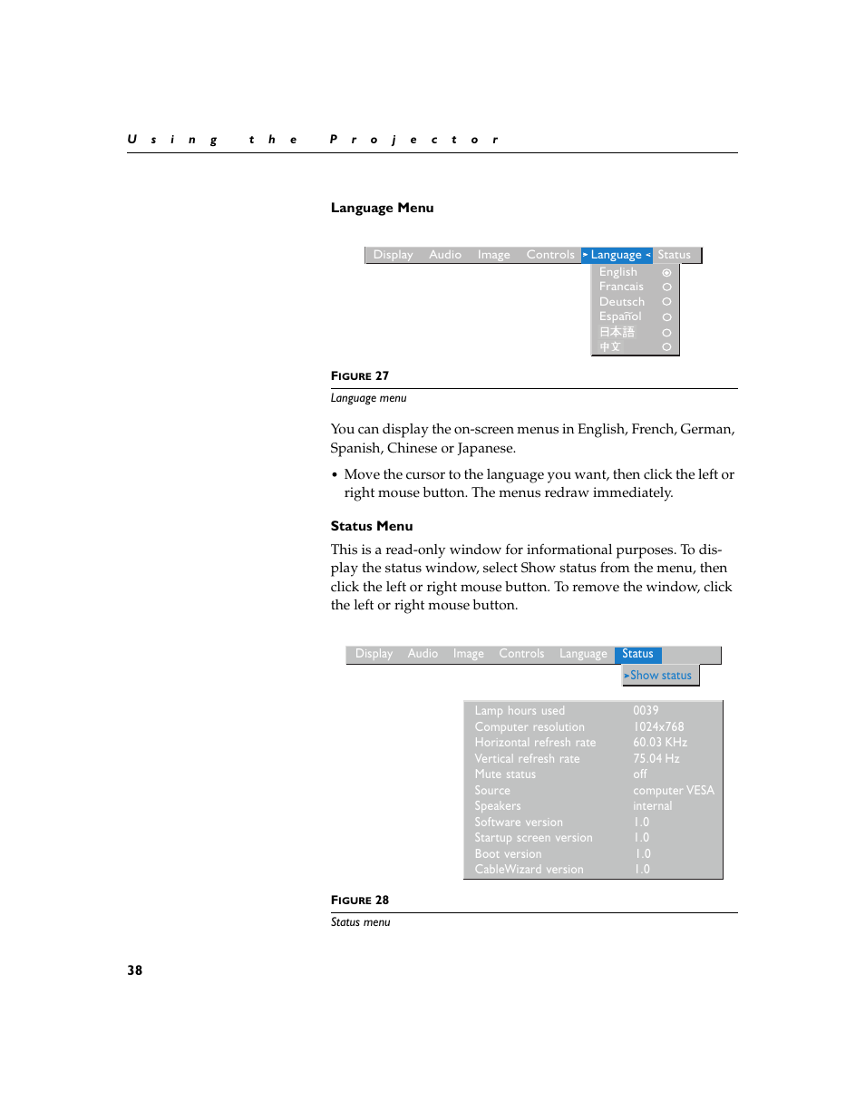 Heading2 - language menu, Heading2 - status menu, Language menu | Status menu | Dukane 28A8932 User Manual | Page 48 / 78