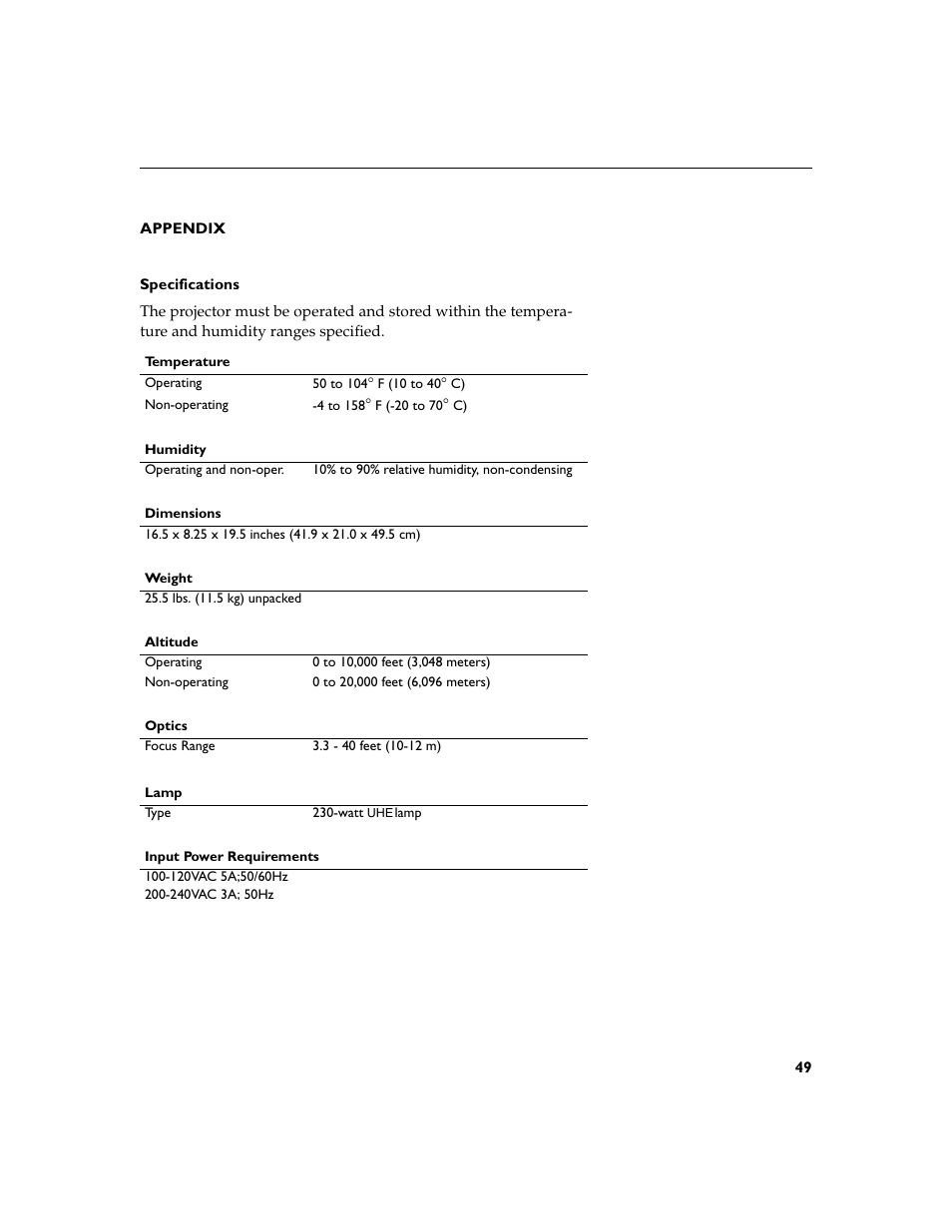 Heading1 - appendix, Heading2 - specifications, Appendix 49 specifications 49 | Dukane 28A8932 User Manual | Page 59 / 78