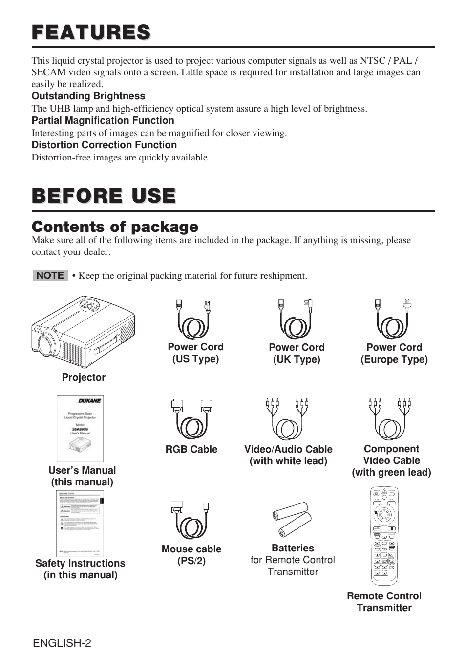 Features, Before use, Contents of package | English-2 | Dukane 28A8909 User Manual | Page 12 / 50