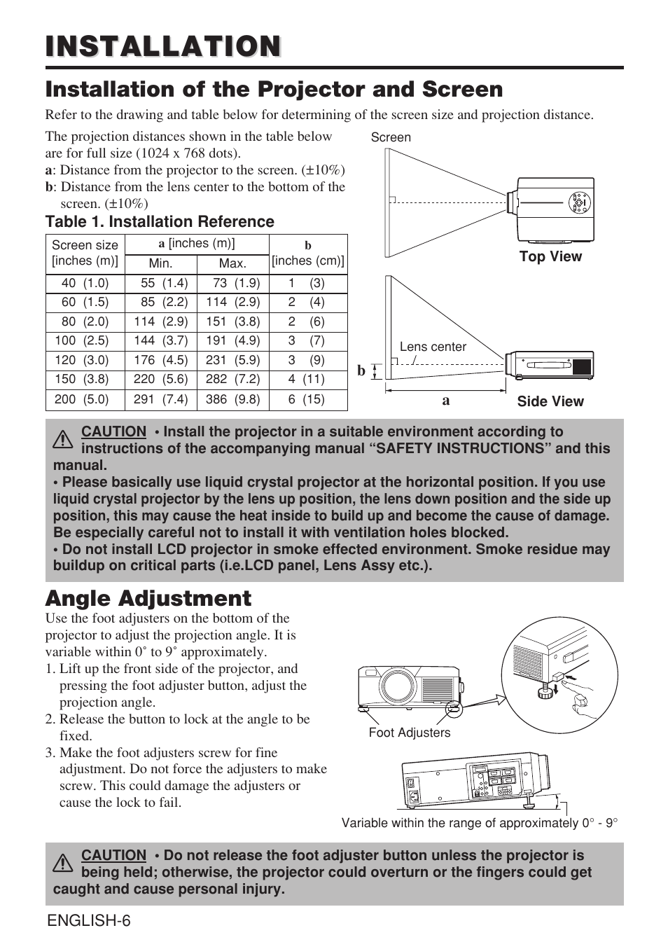 Installation, Installation of the projector and screen, Angle adjustment | Dukane 28A8909 User Manual | Page 16 / 50