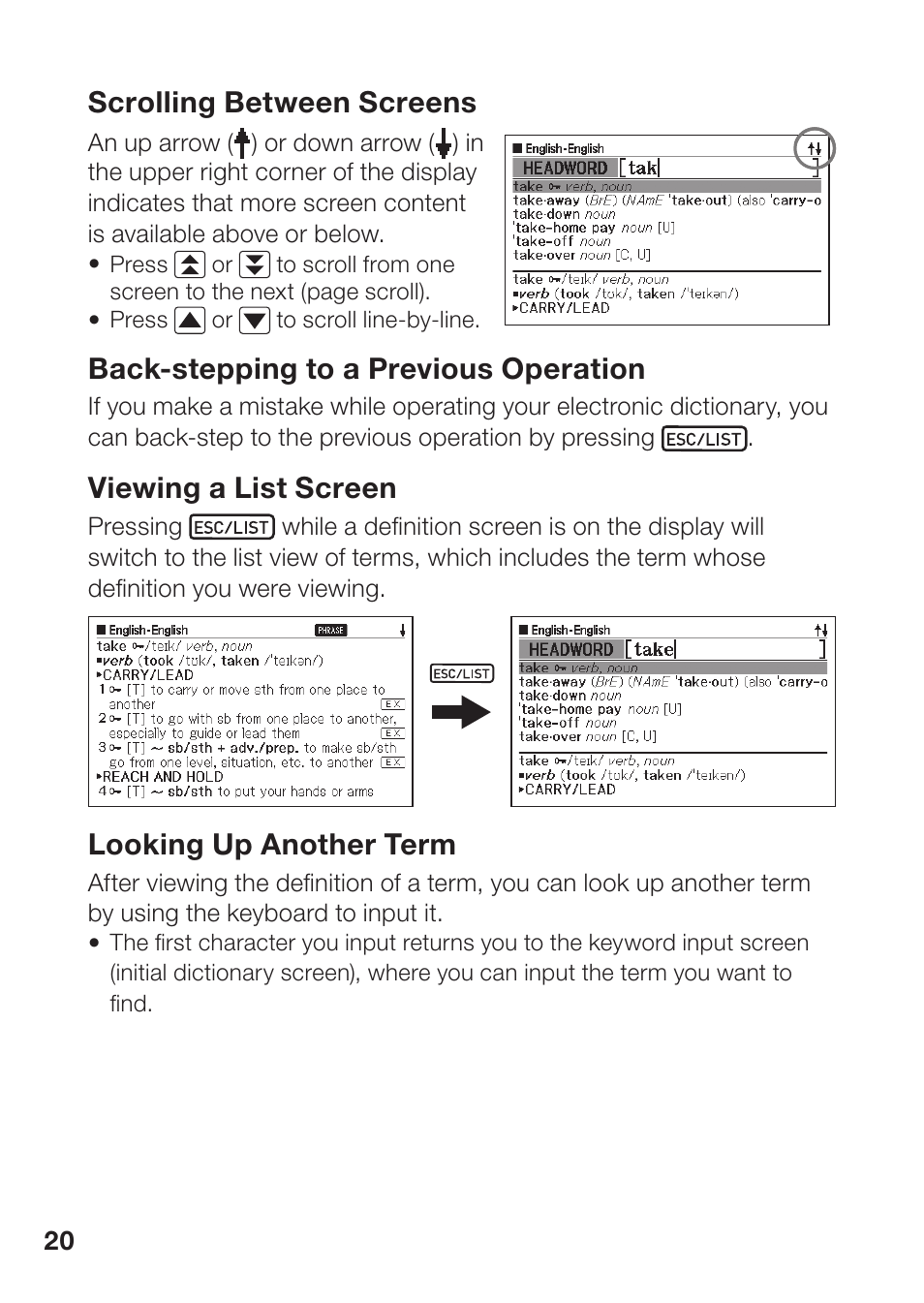 Scrolling between screens, Back-stepping to a previous operation, Viewing a list screen | Looking up another term | Casio EW-B100C User Manual | Page 22 / 91