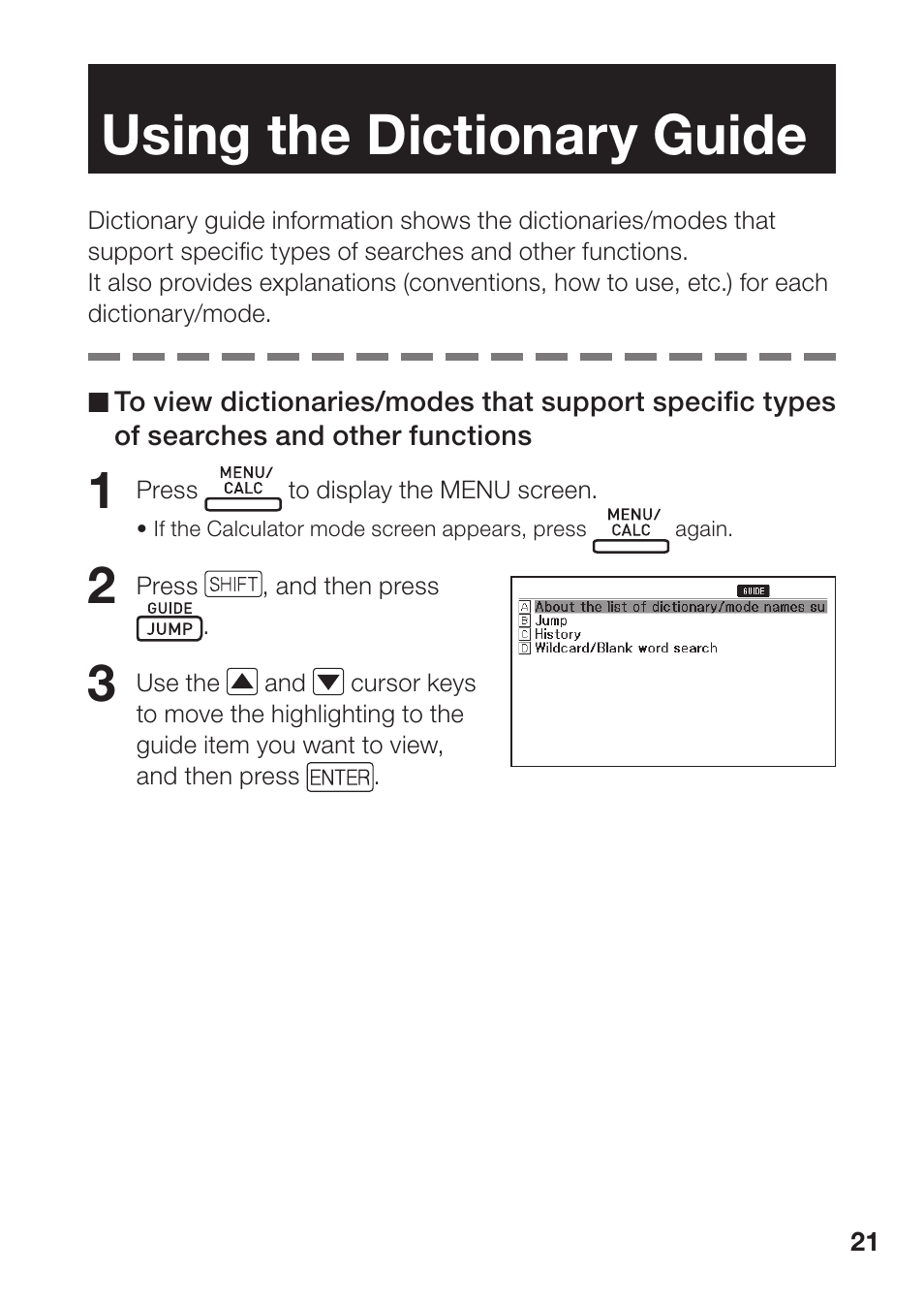 Using the dictionary guide | Casio EW-B100C User Manual | Page 23 / 91