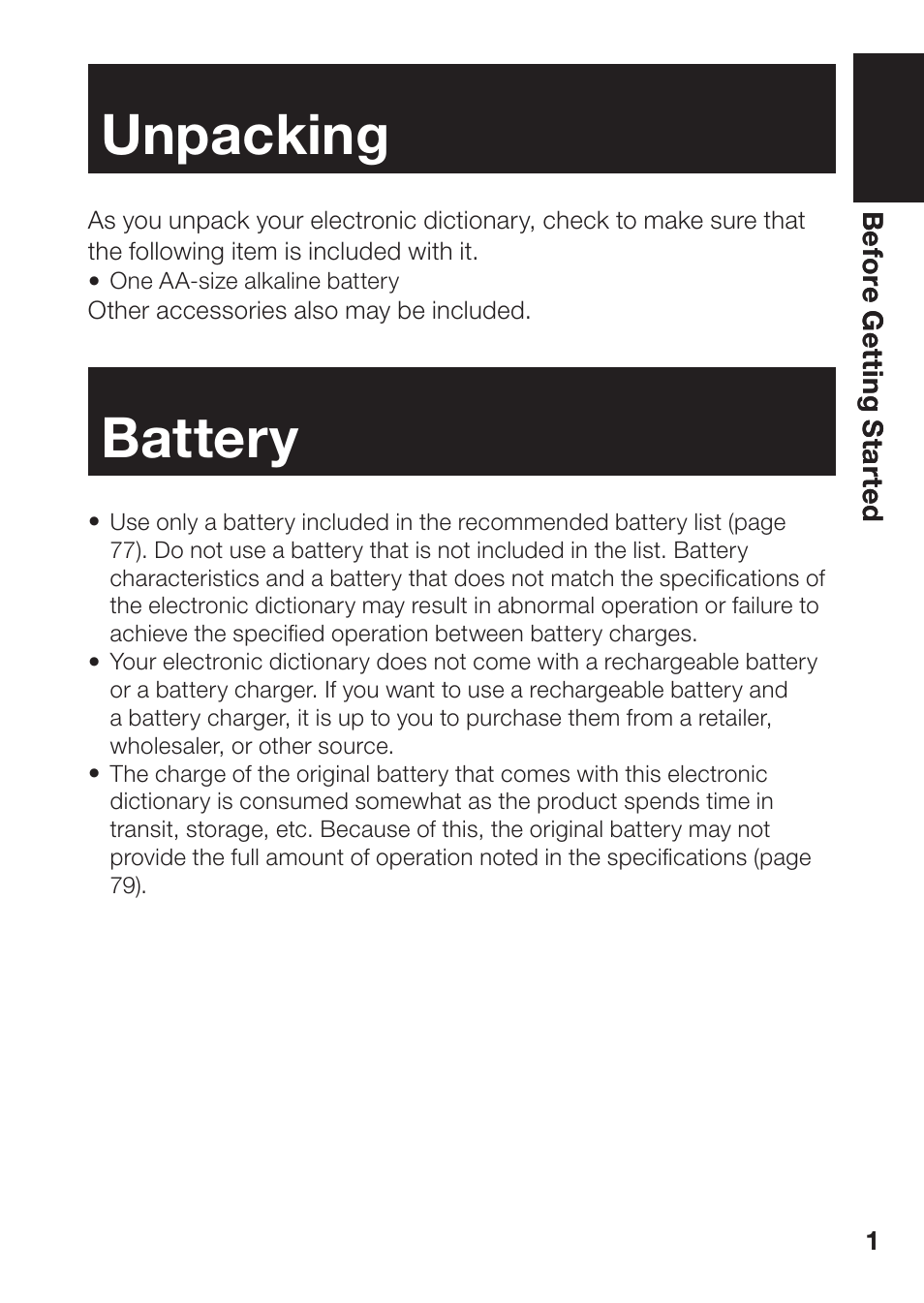 Unpacking, Battery | Casio EW-B100C User Manual | Page 3 / 91