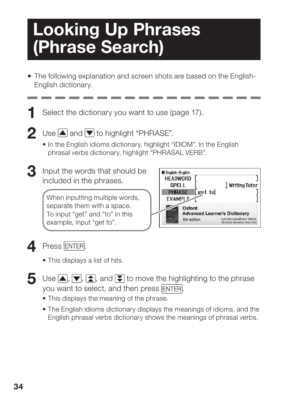 Looking up phrases (phrase search) | Casio EW-B100C User Manual | Page 36 / 91