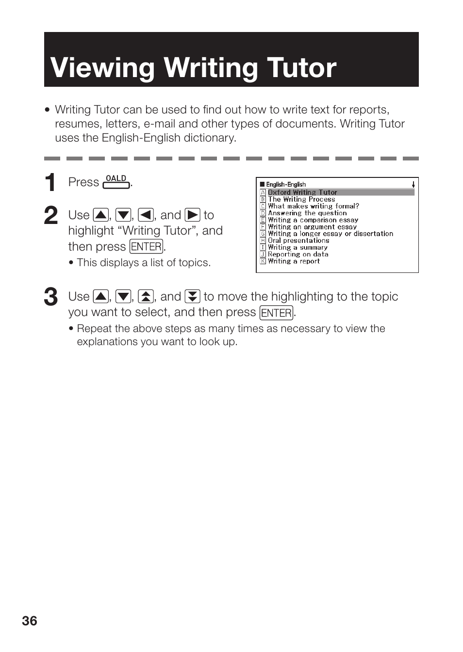 Viewing writing tutor | Casio EW-B100C User Manual | Page 38 / 91