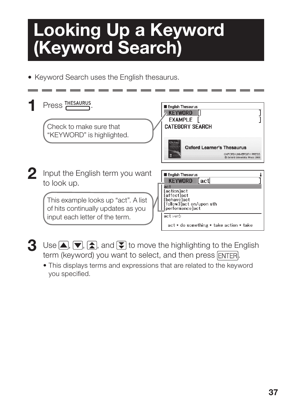 Looking up a keyword (keyword search) | Casio EW-B100C User Manual | Page 39 / 91