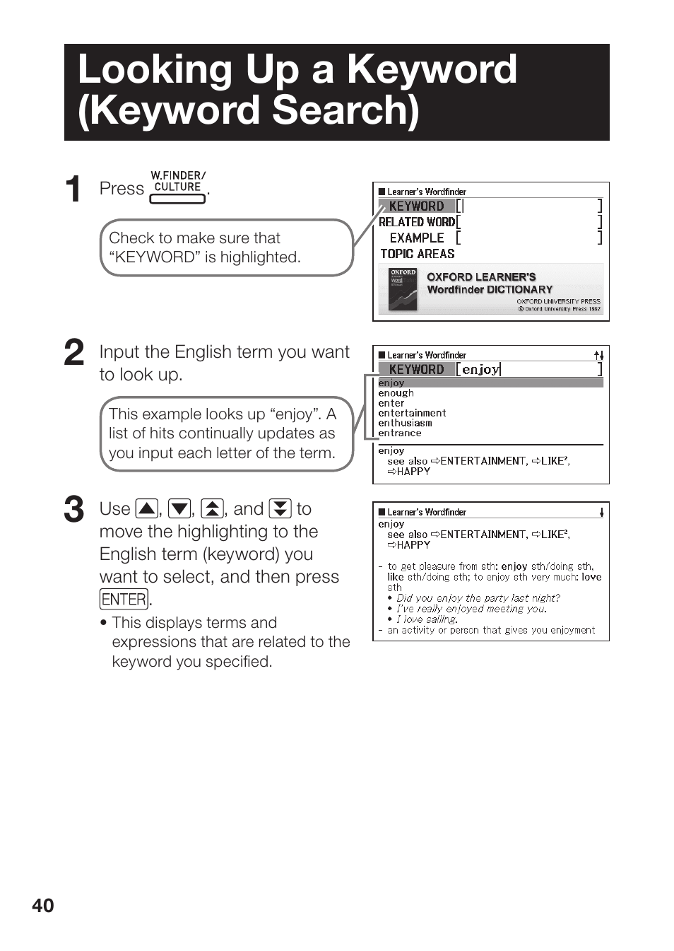 Looking up a keyword (keyword search) | Casio EW-B100C User Manual | Page 42 / 91