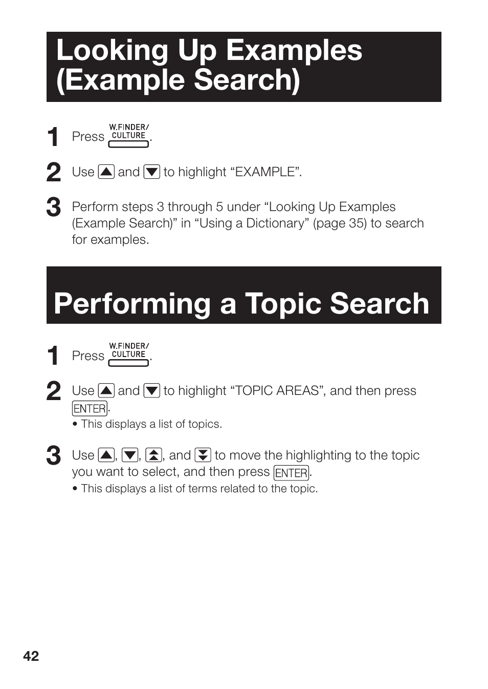 Looking up examples (example search), Performing a topic search | Casio EW-B100C User Manual | Page 44 / 91