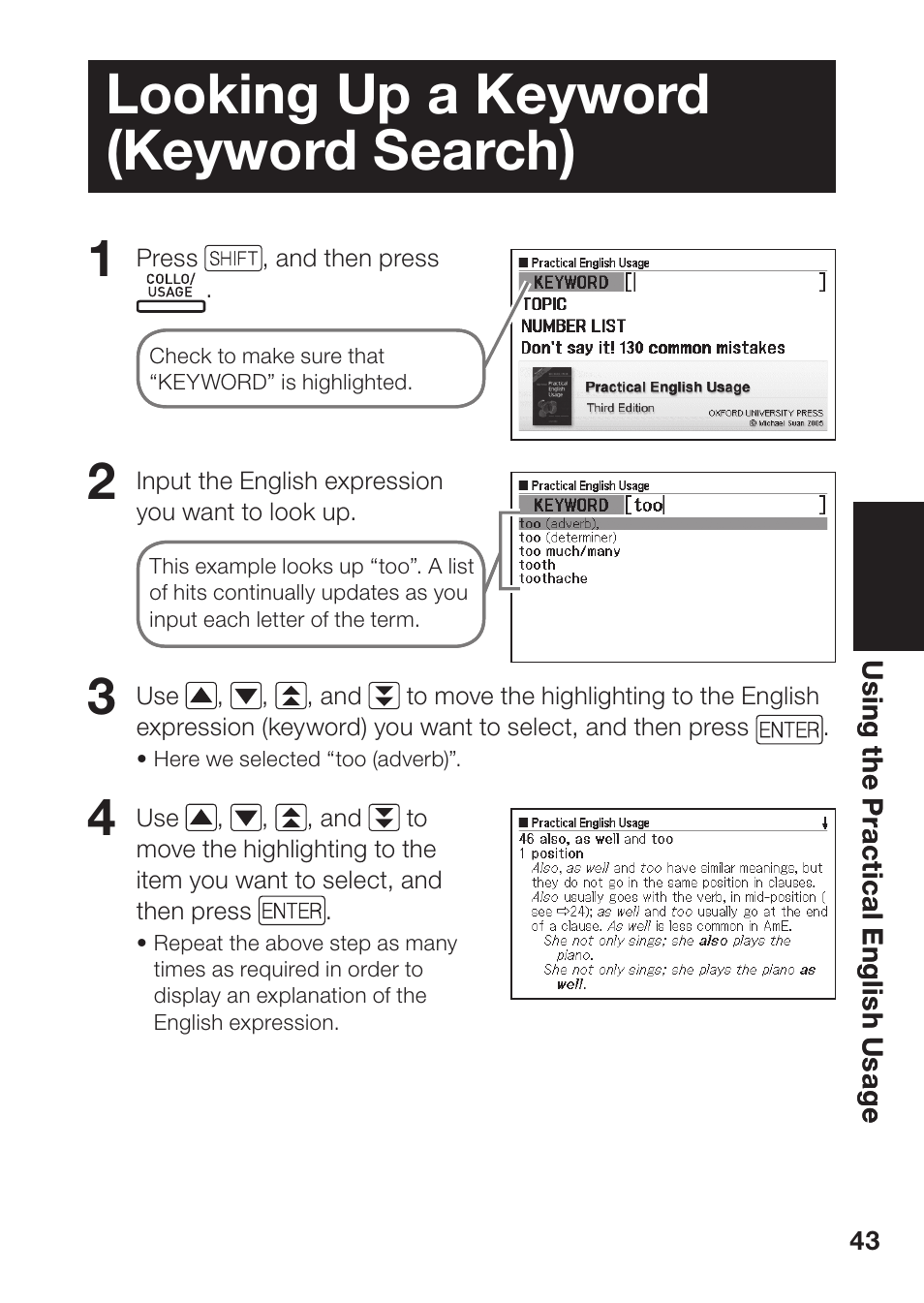 Looking up a keyword (keyword search) | Casio EW-B100C User Manual | Page 45 / 91