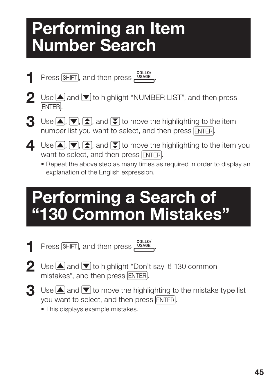 Performing an item number search, Performing a search of “130 common mistakes | Casio EW-B100C User Manual | Page 47 / 91