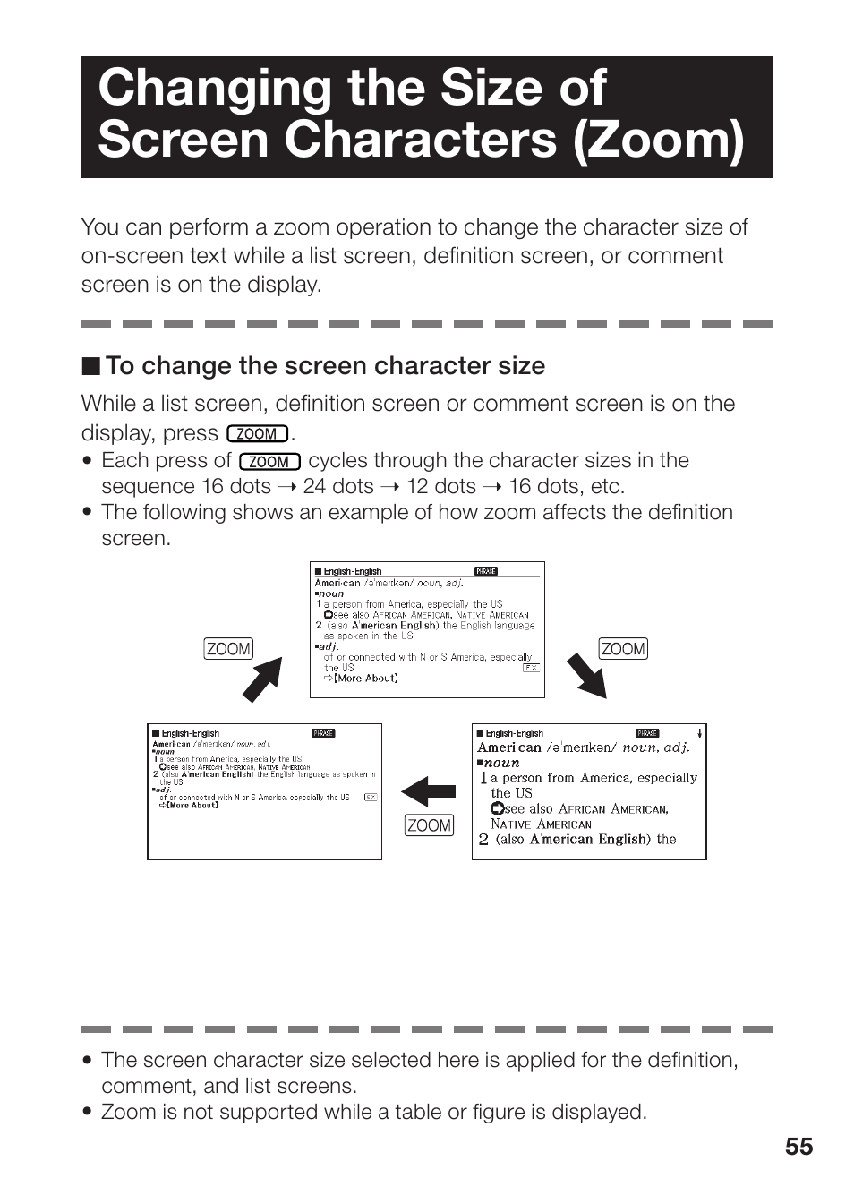 Changing the size of screen characters (zoom) | Casio EW-B100C User Manual | Page 57 / 91