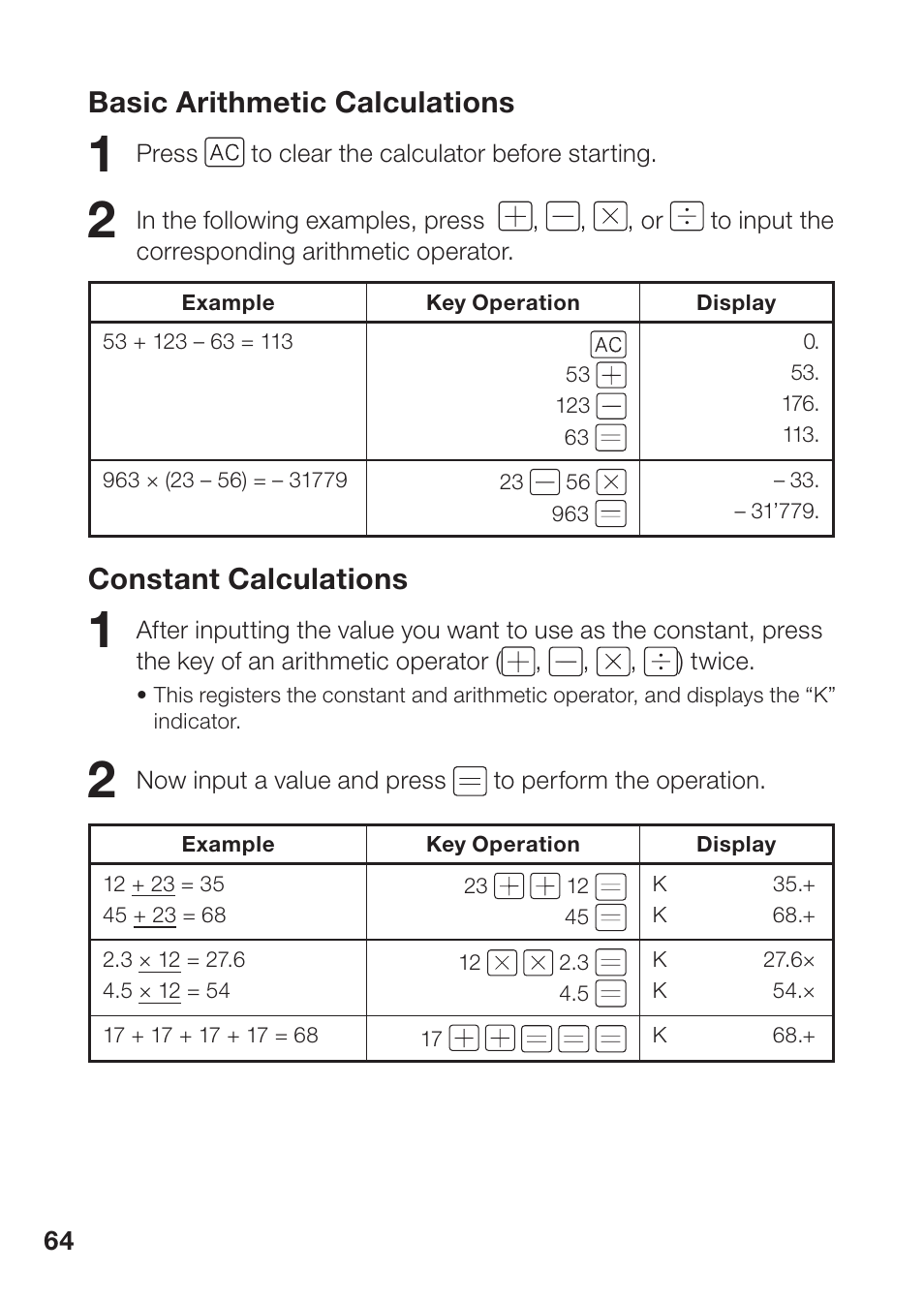 Basic arithmetic calculations, Constant calculations | Casio EW-B100C User Manual | Page 66 / 91