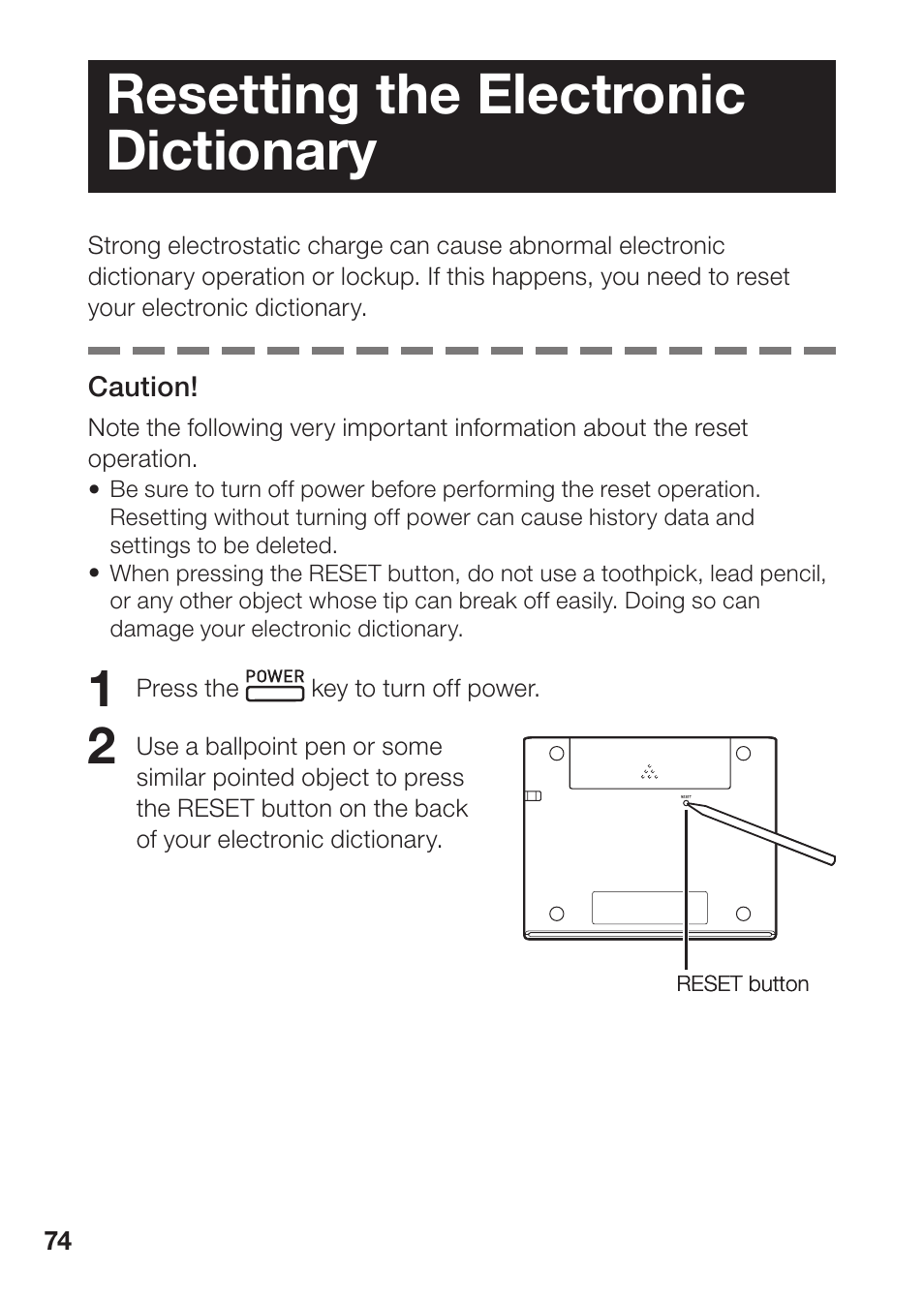 Resetting the electronic dictionary | Casio EW-B100C User Manual | Page 76 / 91