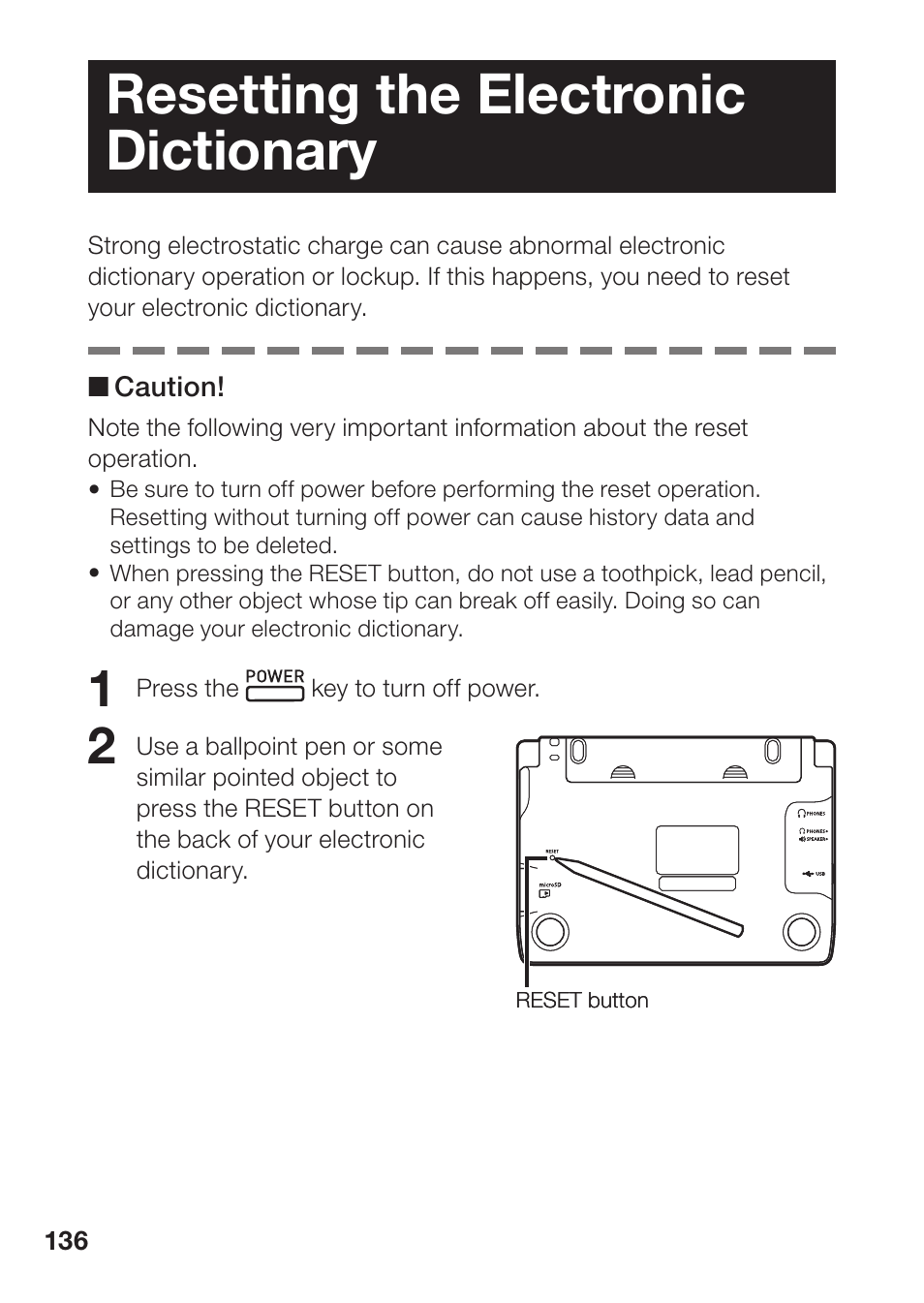 Resetting the electronic dictionary | Casio EW-B2000C User Manual | Page 138 / 155