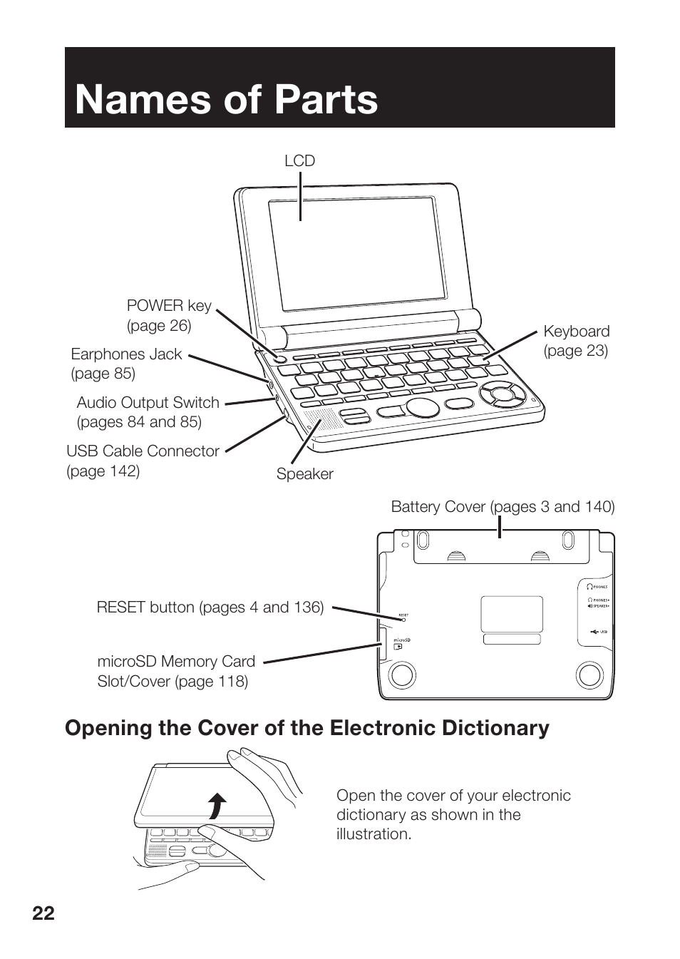 Names of parts, Opening the cover of the electronic dictionary | Casio EW-B2000C User Manual | Page 24 / 155