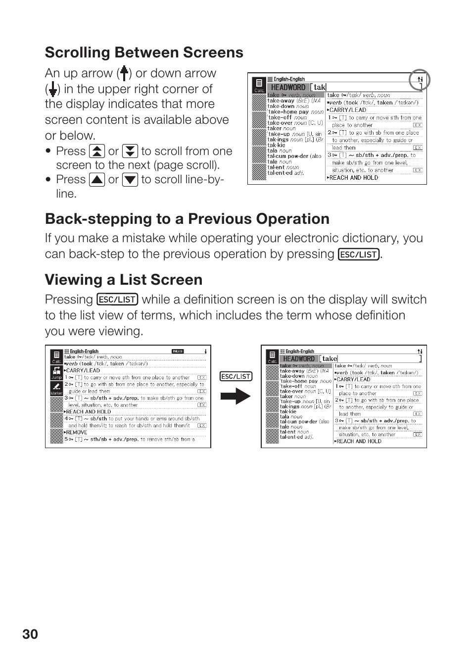 Scrolling between screens, Back-stepping to a previous operation, Viewing a list screen | Casio EW-B2000C User Manual | Page 32 / 155