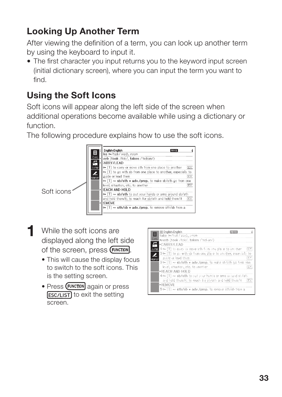 Looking up another term, Using the soft icons | Casio EW-B2000C User Manual | Page 35 / 155