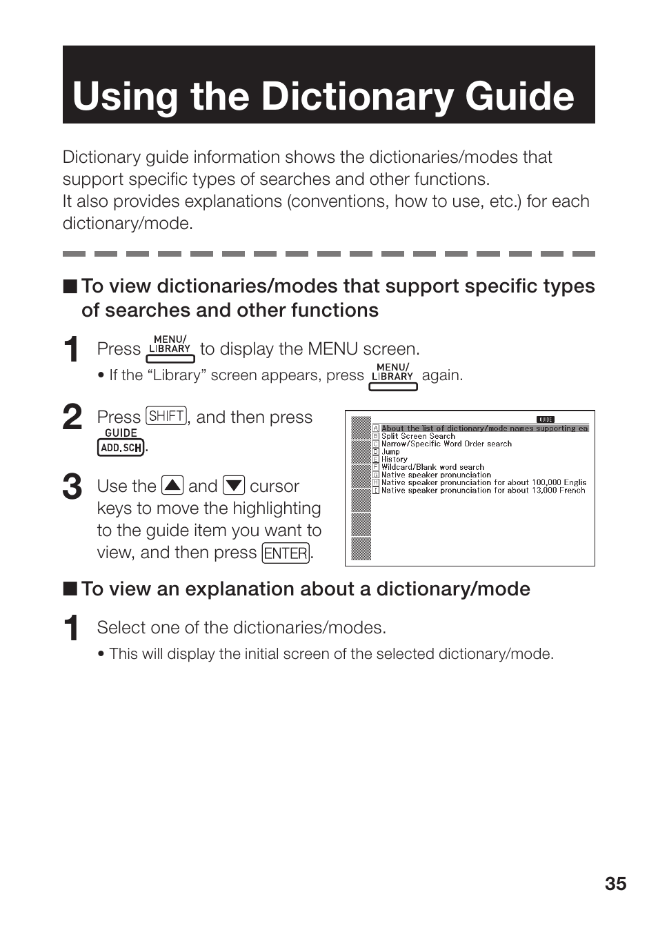 Using the dictionary guide | Casio EW-B2000C User Manual | Page 37 / 155